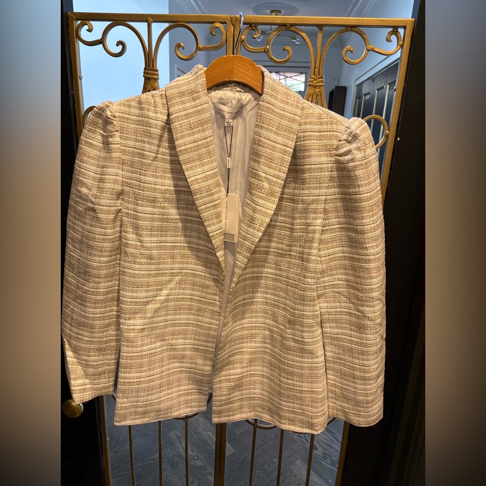 Something Navy Cream Plaid Tailored Barbie Blazer jacket puff sleeves large nwt